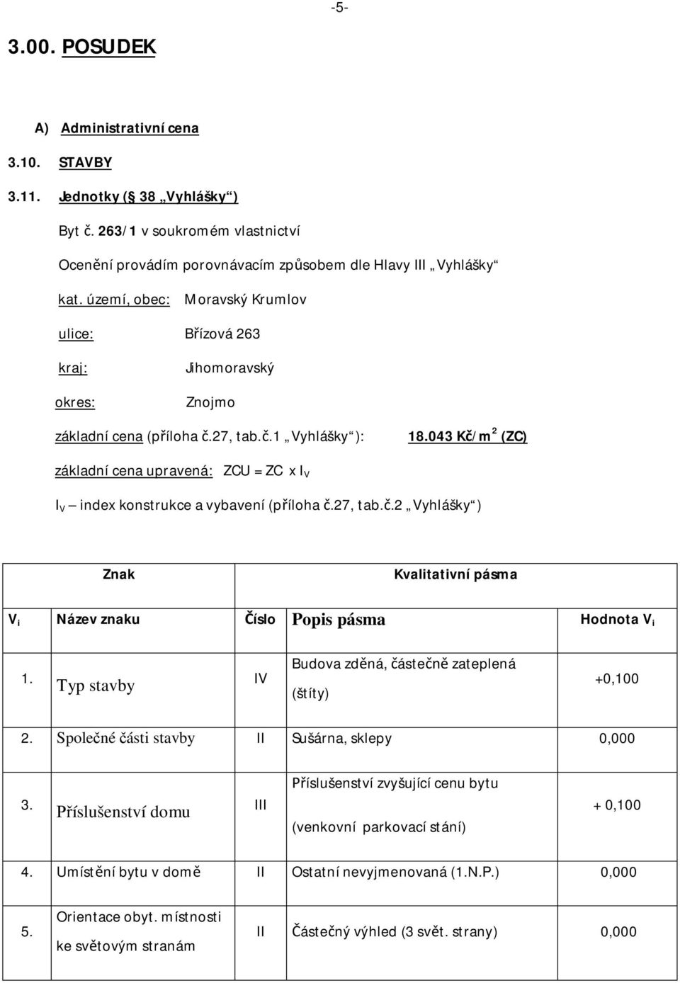 043 K /m 2 (ZC) základní cena upravená: ZCU = ZC x I V I V index konstrukce a vybavení (p íloha.27, tab..2 Vyhlášky ) Znak Kvalitativní pásma V i Název znaku íslo Popis pásma Hodnota V i 1.