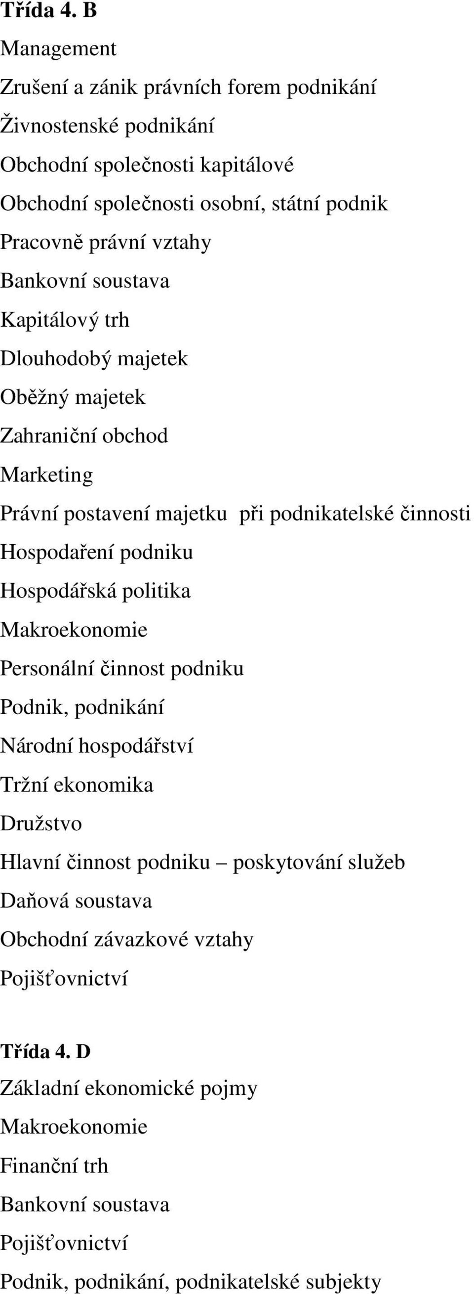 Bankovní soustava Kapitálový trh Dlouhodobý majetek Oběžný majetek Zahraniční obchod Marketing Právní postavení majetku při podnikatelské činnosti Hospodaření podniku Hospodářská