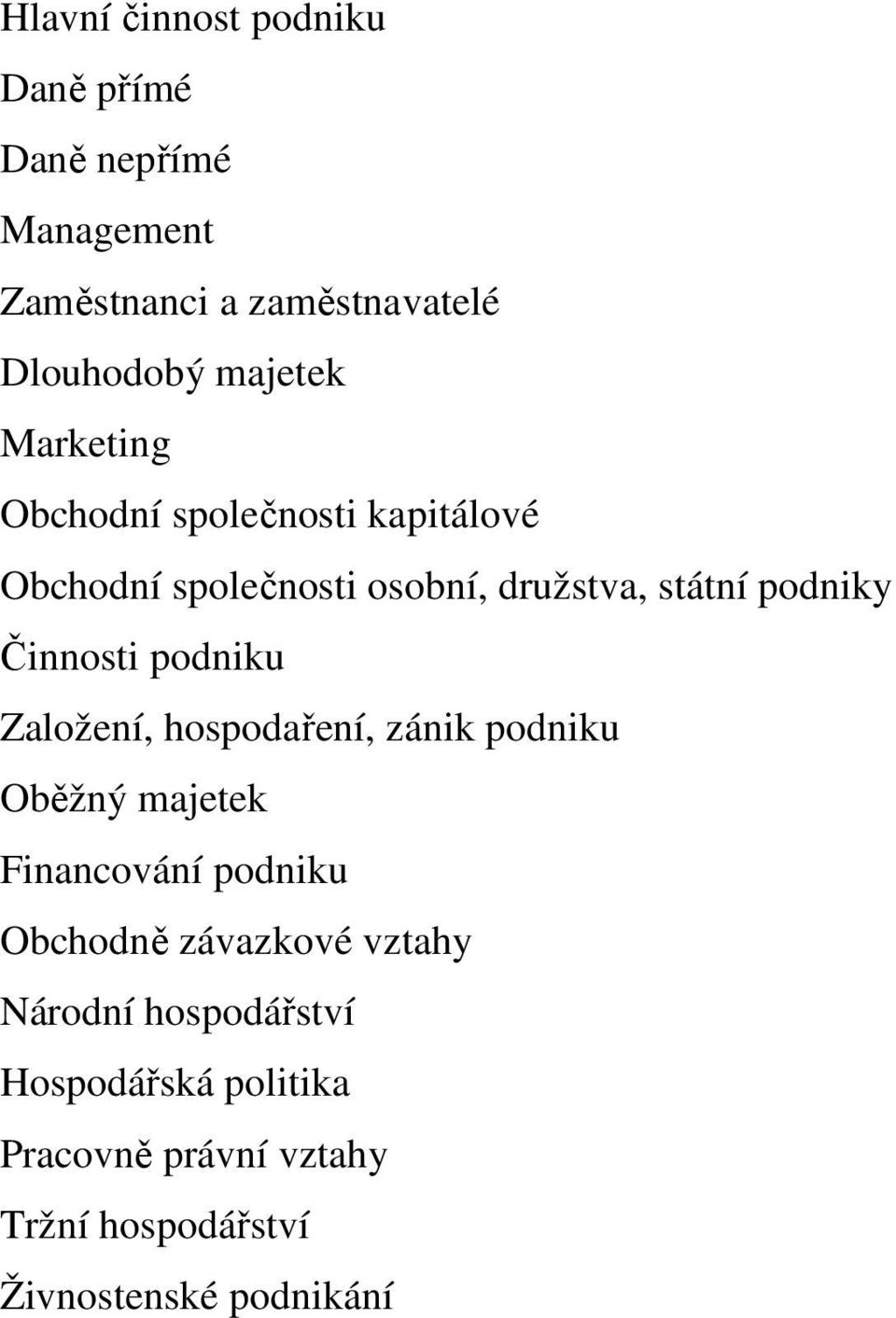 podniku Založení, hospodaření, zánik podniku Oběžný majetek Financování podniku Obchodně závazkové vztahy