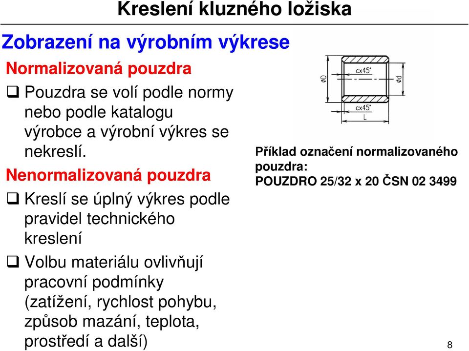 Nenormalizovaná pouzdra Kreslí se úplný výkres podle pravidel technického kreslení Volbu materiálu ovliv ují