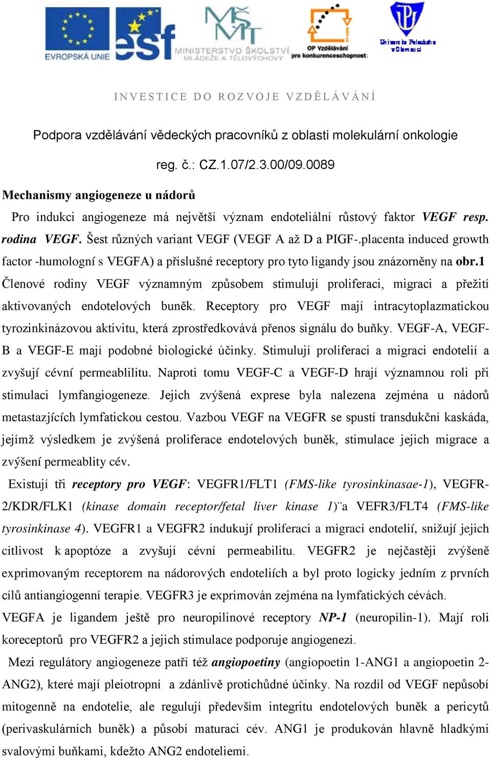 1 Členové rodiny VEGF významným způsobem stimulují proliferaci, migraci a přežití aktivovaných endotelových buněk.