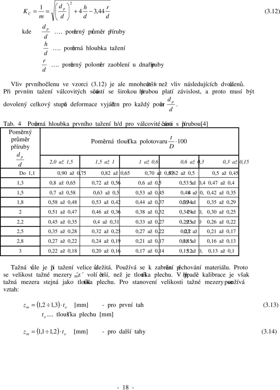 Při prvním tažení válcovitých součástí se širokou přírubou platí závislost, a proto musí být dovolený celkový stupeň deformace vyjádřen pro každý poměr d p. d Tab.