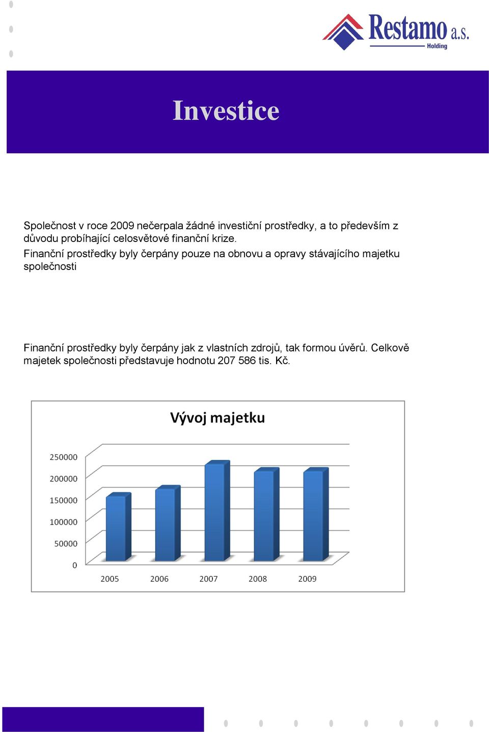 Finanční prostředky byly čerpány pouze na obnovu a opravy stávajícího majetku společnosti