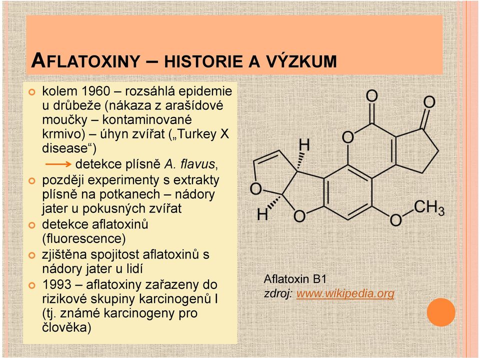 flavus, později experimenty s extrakty plísně na potkanech nádory jater u pokusných zvířat detekce aflatoxinů