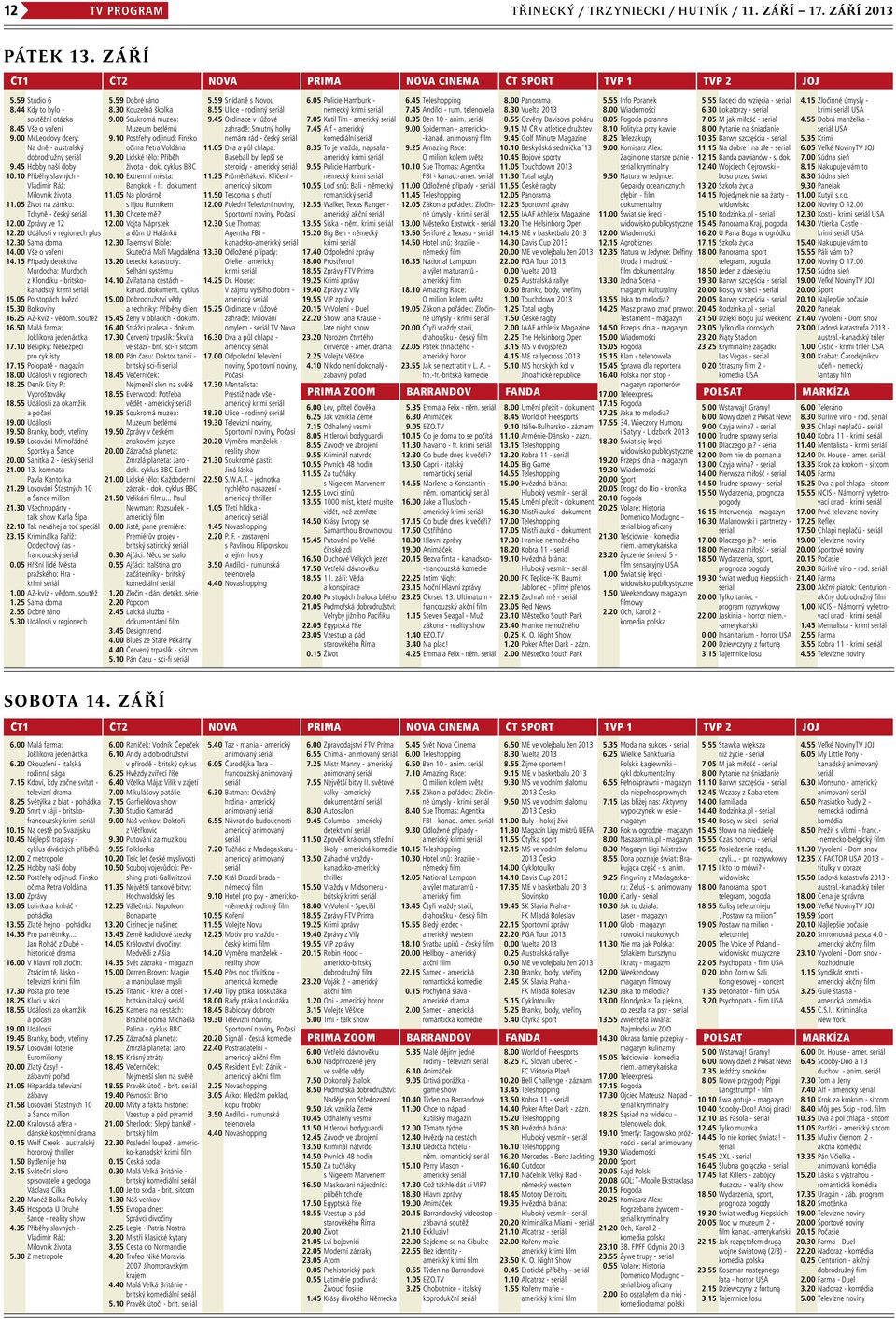 00 Zprávy ve 12 12.20 Události v regionech plus 12.30 Sama doma 14.00 Vše o vaření 14.15 Případy detektiva Murdocha: Murdoch z Klondiku - britskokanadský 15.05 Po stopách hvězd 15.30 Bolkoviny 16.