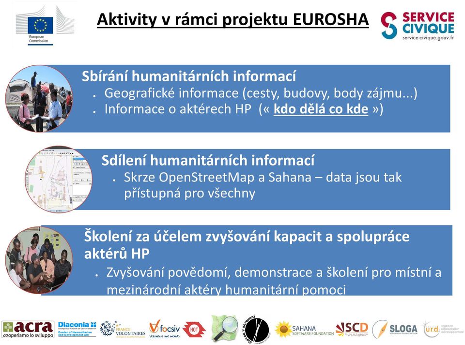 ..) Informace o aktérech HP («kdo dělá co kde») Sdílení humanitárních informací Skrze OpenStreetMap a