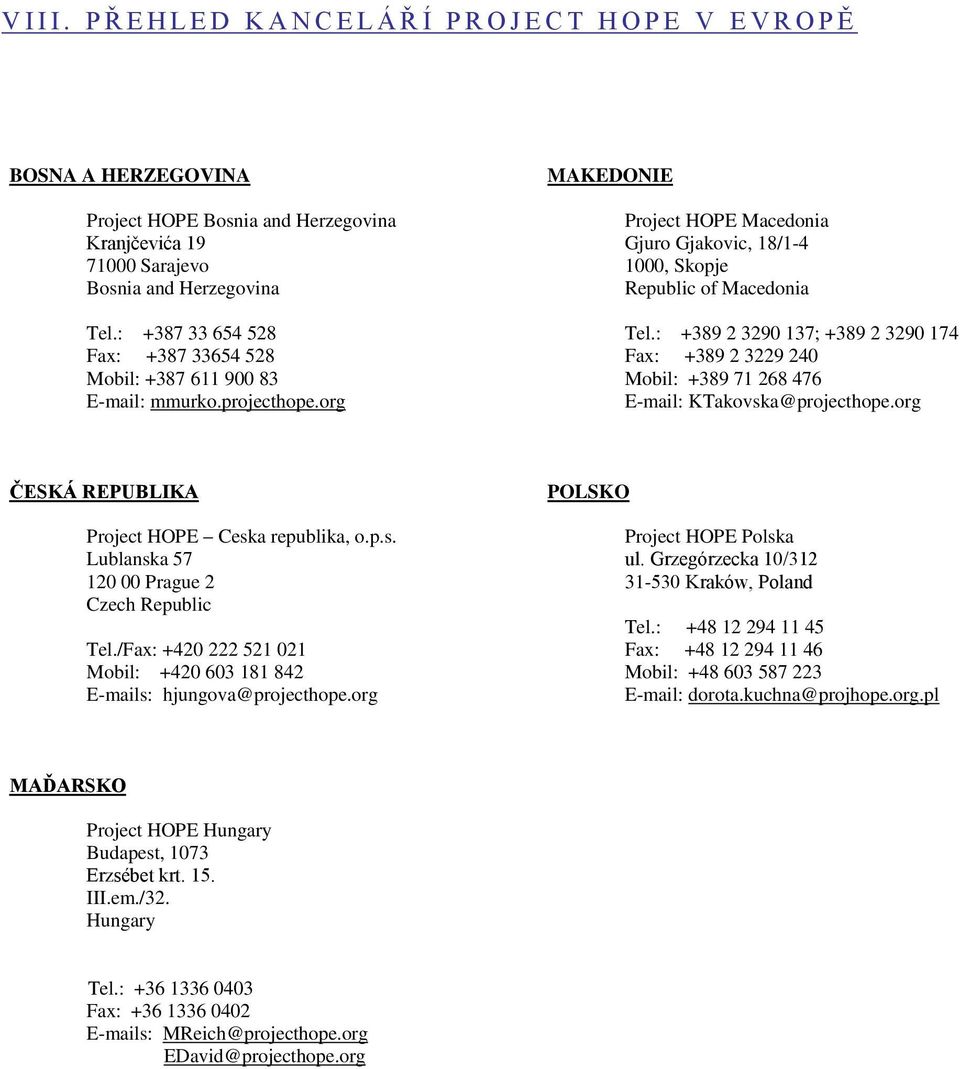 : +389 2 3290 137; +389 2 3290 174 Fax: +389 2 3229 240 Mobil: +389 71 268 476 E-mail: KTakovska@projecthope.org ČESKÁ REPUBLIKA Project HOPE Ceska republika, o.p.s. Lublanska 57 120 00 Prague 2 Czech Republic Tel.