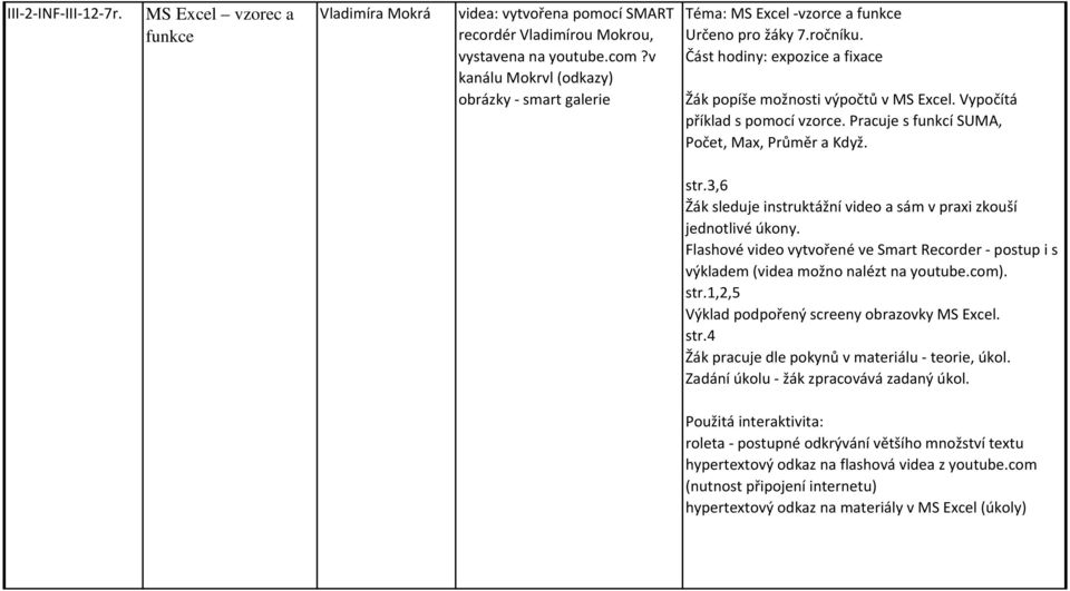 Pracuje s funkcí SUMA, Počet, Max, Průměr a Když. str.3,6 Žák sleduje instruktážní video a sám v praxi zkouší jednotlivé úkony.,2,5 Výklad podpořený screeny obrazovky MS Excel. str.4 Žák pracuje dle pokynů v materiálu - teorie, úkol.