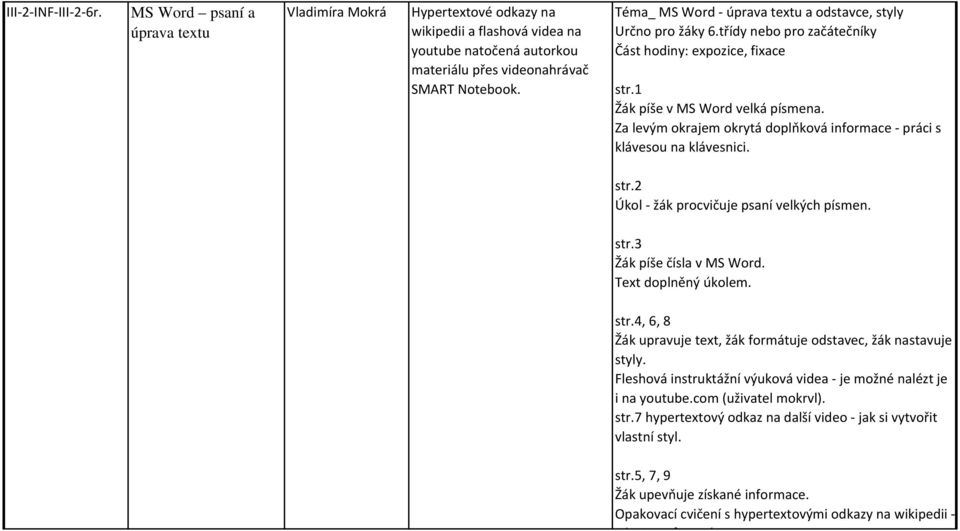 Za levým okrajem okrytá doplňková informace - práci s klávesou na klávesnici. str.2 Úkol - žák procvičuje psaní velkých písmen. str.3 Žák píše čísla v MS Word. Text doplněný úkolem. str.4, 6, 8 Žák upravuje text, žák formátuje odstavec, žák nastavuje styly.