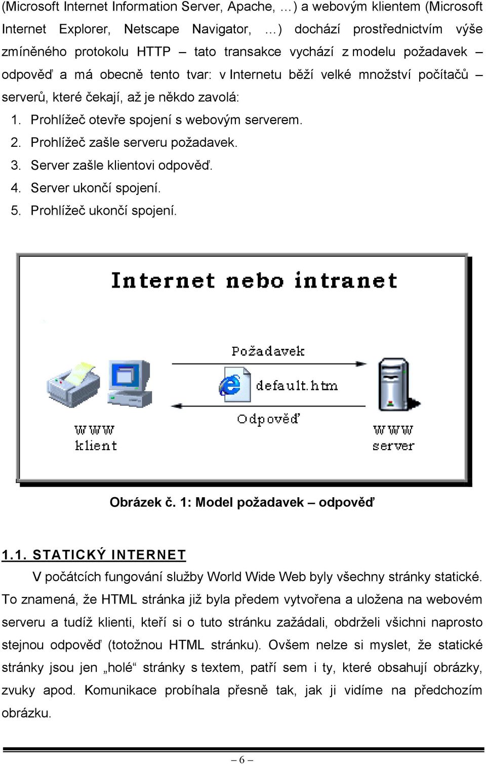 Prohlížeč zašle serveru požadavek. 3. Server zašle klientovi odpověď. 4. Server ukončí spojení. 5. Prohlížeč ukončí spojení. Obrázek č. 1: