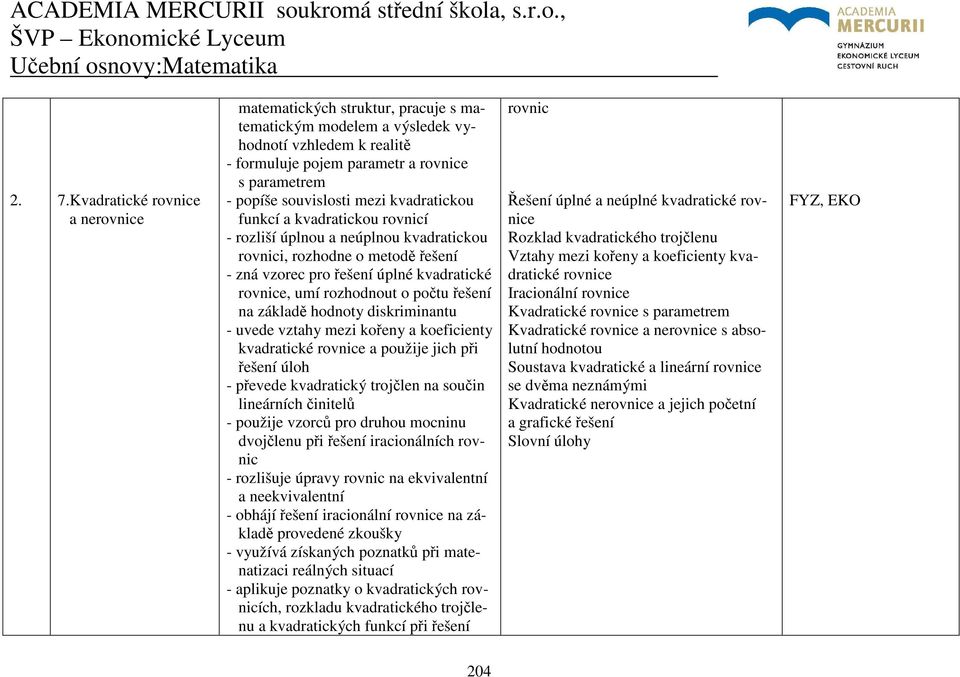 rozhodnout o počtu řešení na základě hodnoty diskriminantu - uvede vztahy mezi kořeny a koeficienty kvadratické rovnice a použije jich při řešení úloh - převede kvadratický trojčlen na součin