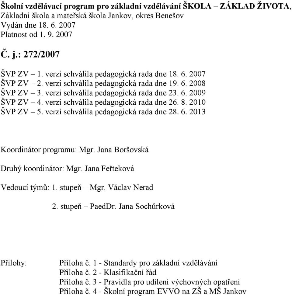 verzi schválila pedagogická rada dne 26. 8. 2010 ŠVP ZV 5. verzi schválila pedagogická rada dne 28. 6. 2013 Koordinátor programu: Mgr. Jana Boršovská Druhý koordinátor: Mgr.