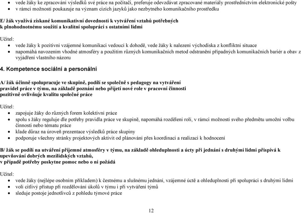 vzájemné komunikaci vedoucí k dohodě, vede žáky k nalezení východiska z konfliktní situace napomáhá navozením vhodné atmosféry a použitím různých komunikačních metod odstranění případných