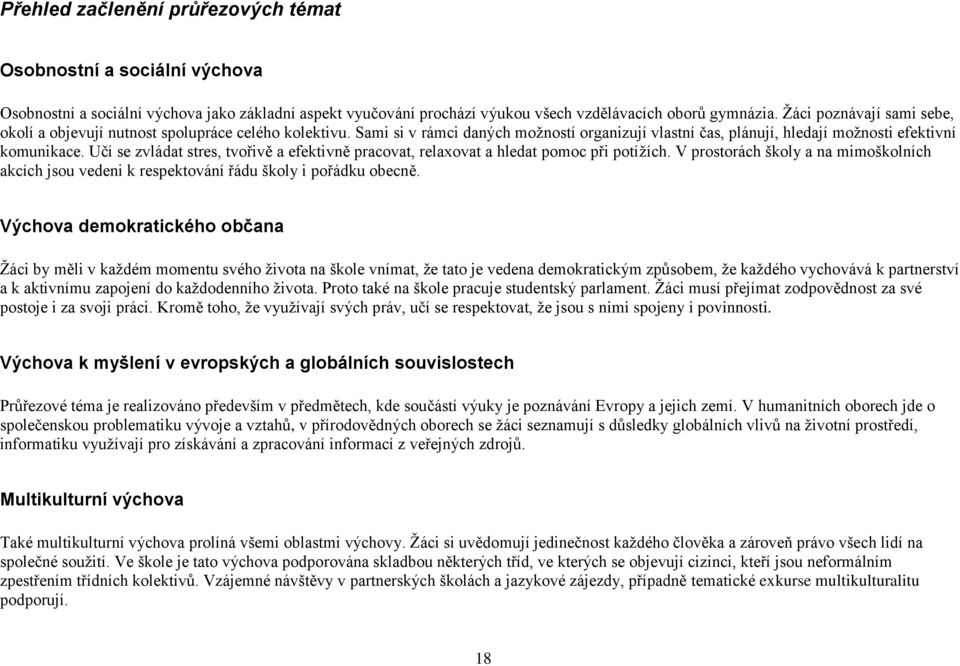 Učí se zvládat stres, tvořivě a efektivně pracovat, relaxovat a hledat pomoc při potížích. V prostorách školy a na mimoškolních akcích jsou vedeni k respektování řádu školy i pořádku obecně.