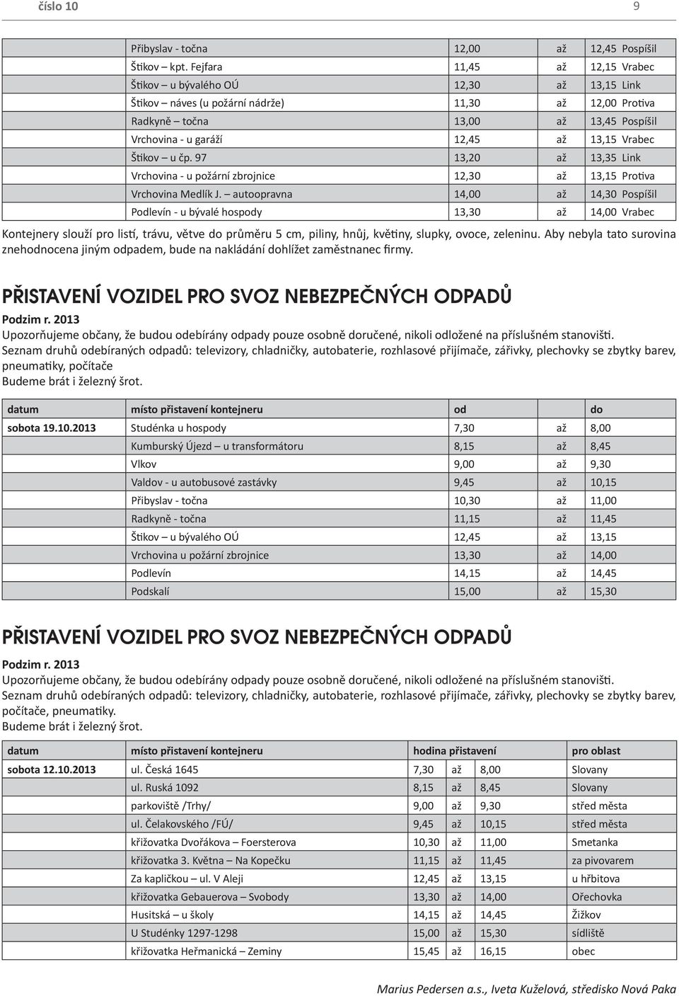 Vrabec Štikov u čp. 97 13,20 až 13,35 Link Vrchovina - u požární zbrojnice 12,30 až 13,15 Protiva Vrchovina Medlík J.