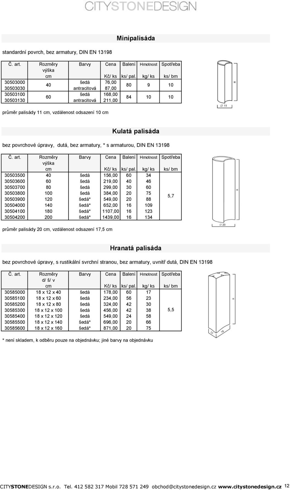 úpravy, dutá, bez armatury, * s armaturou, DIN EN 13198 výška cm Kč/ ks ks/ pal.