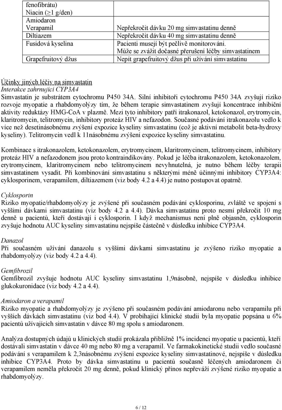 Může se zvážit dočasné přerušení léčby simvastatinem Nepít grapefruitový džus při užívání simvastatinu Účinky jiných léčiv na simvastatin Interakce zahrnující CYP3A4 Simvastatin je substrátem