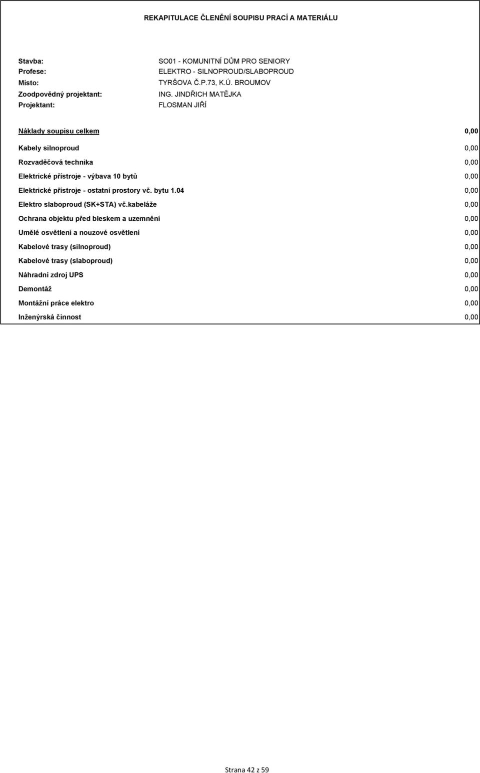 JINDŘICH MATĚJKA FLOSMAN JIŘÍ Náklady soupisu celkem Kabely silnoproud Rozvaděčová technika Elektrické přístroje - výbava 10 bytů Elektrické přístroje - ostatní