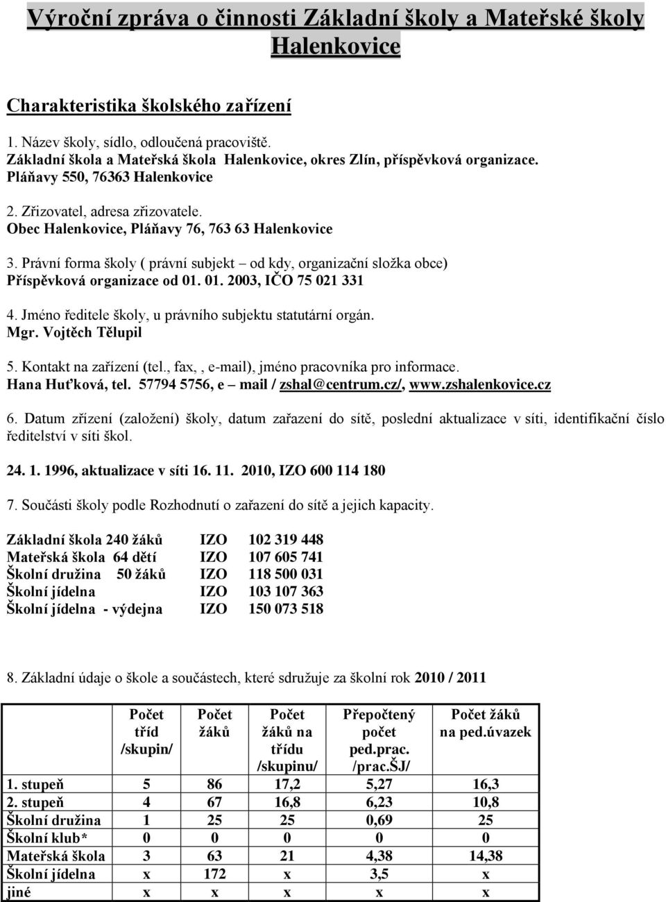 Právní forma školy ( právní subjekt od kdy, organizační složka obce) Příspěvková organizace od 01. 01. 2003, IČO 75 021 331 4. Jméno ředitele školy, u právního subjektu statutární orgán. Mgr.