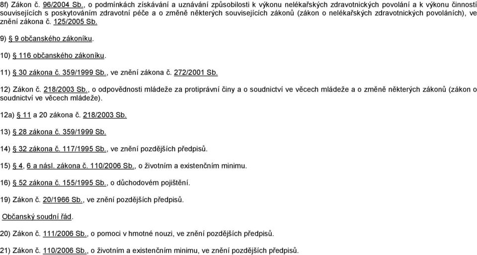 (zákon o nelékařských zdravotnických povoláních), ve znění zákona č. 125/2005 Sb. 9) 9 občanského zákoníku. 10) 116 občanského zákoníku. 11) 30 zákona č. 359/1999 Sb., ve znění zákona č. 272/2001 Sb.