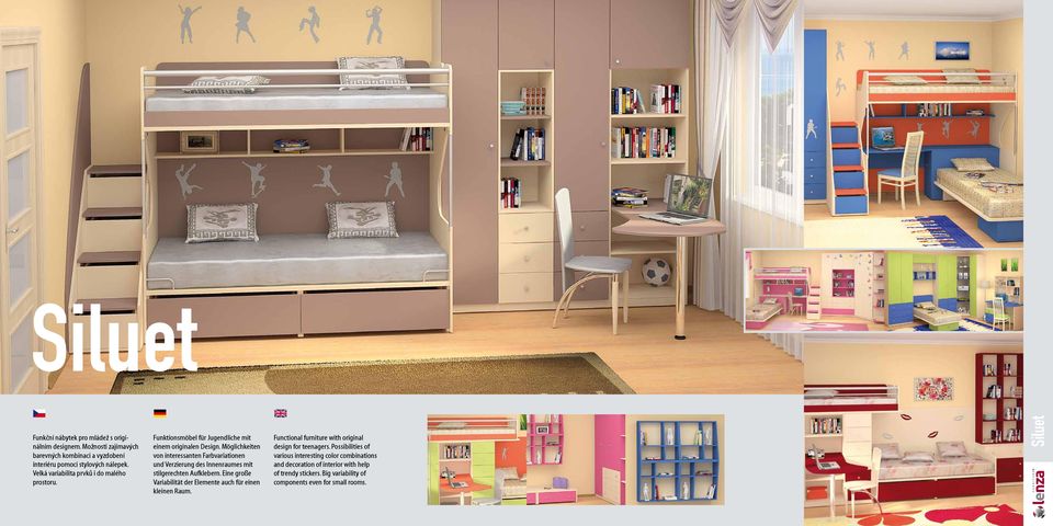 nábytková Possibilities řada, of Funktionsmöbel für Jugendliche mit Functional furniture with original Jedinečná umožňující barevných komplexní kombinací vybavení a vyzdobení umožňující von