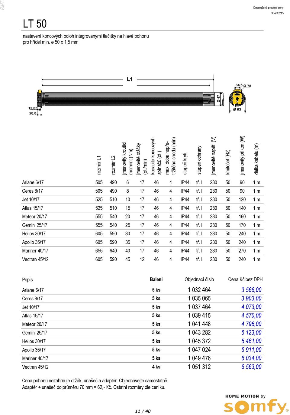 pohonu pro hřídel min. ø 50 x 1,5 mm L1 Ariane 6/17 505 490 6 17 46 4 IP44 tř. I 230 50 90 1 m Ceres 8/17 505 490 8 17 46 4 IP44 tř. I 230 50 90 1 m Jet 10/17 525 510 10 17 46 4 IP44 tř.