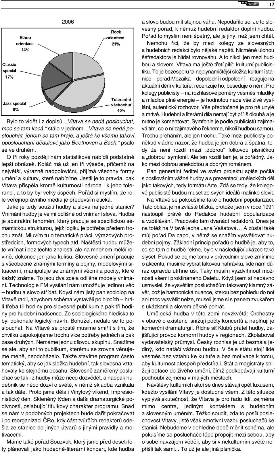 O tři roky později nám statistikové nabídli podstatně lepší obrázek. Koláč má už jen tři výseče, přičemž na největší, výrazně nadpoloviční, přijímá všechny formy umění a kultury, které nabízíme.