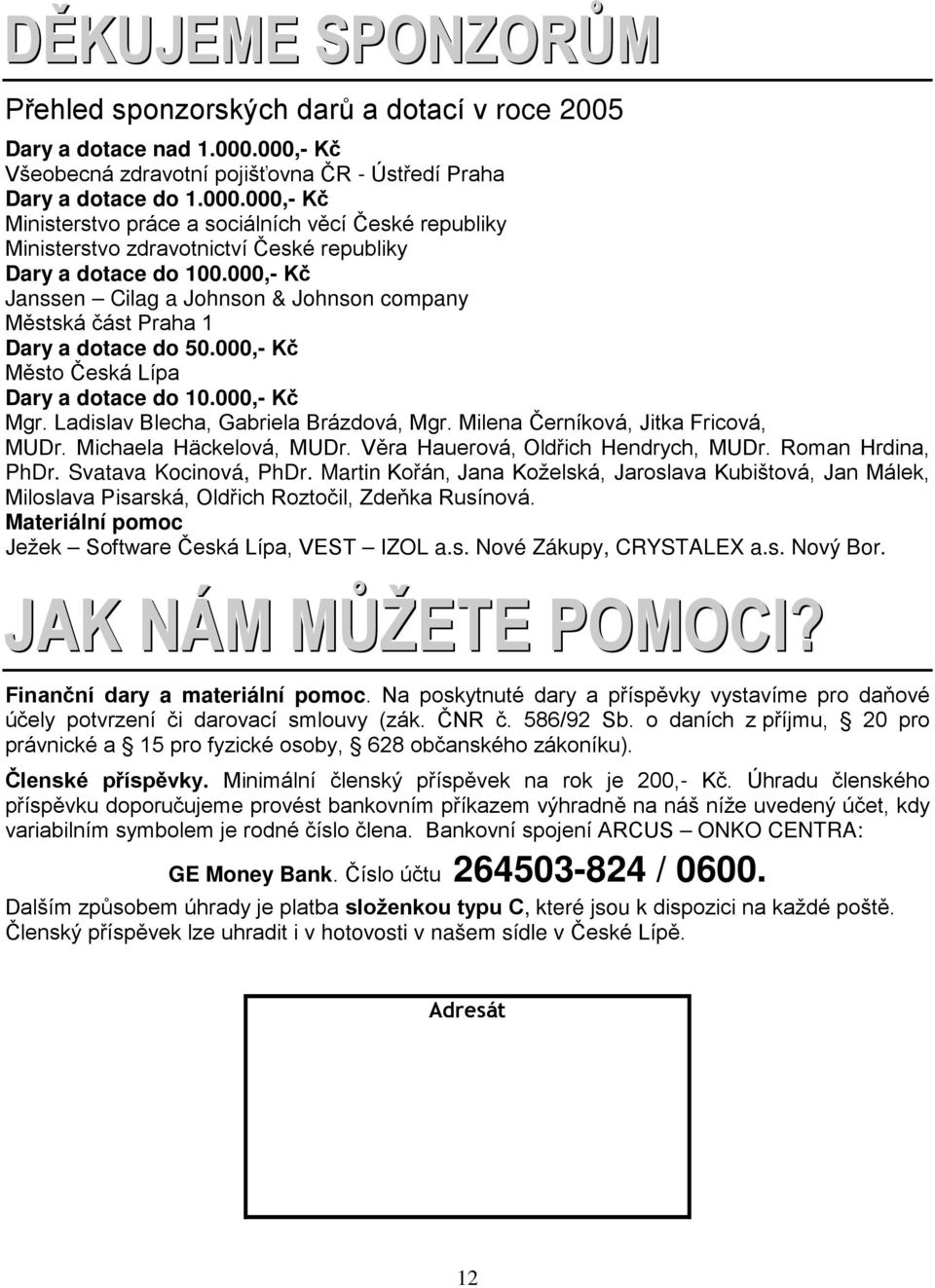 000,- Kč Janssen Cilag a Johnson & Johnson company Městská část Praha 1 Dary a dotace do 50.000,- Kč Město Česká Lípa Dary a dotace do 10.000,- Kč Mgr. Ladislav Blecha, Gabriela Brázdová, Mgr.