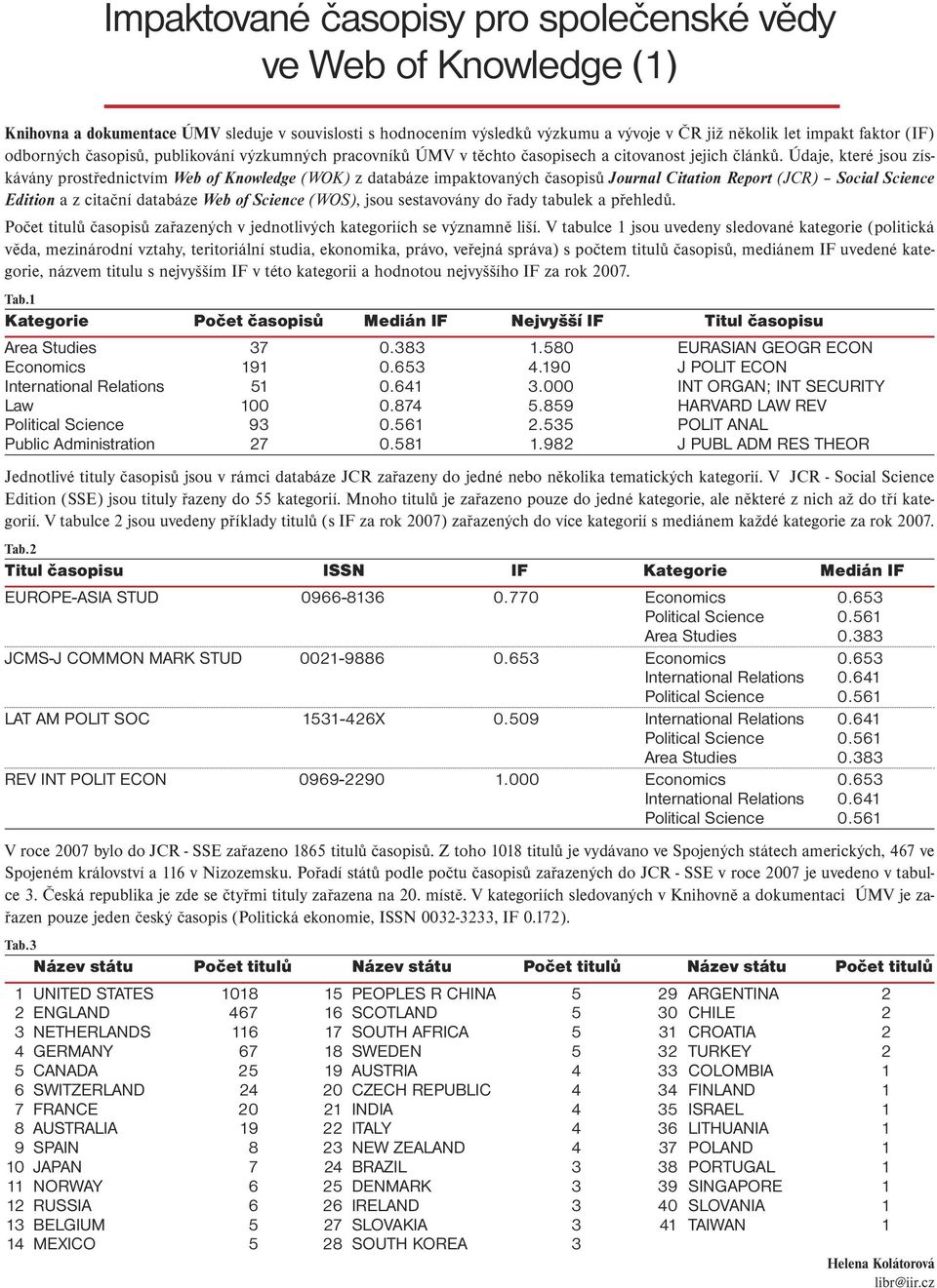 Údaje, které jsou získávány prostřednictvím Web of Knowledge (WOK) z databáze impaktovaných časopisů Journal Citation Report (JCR) Social Science Edition a z citační databáze Web of Science (WOS),