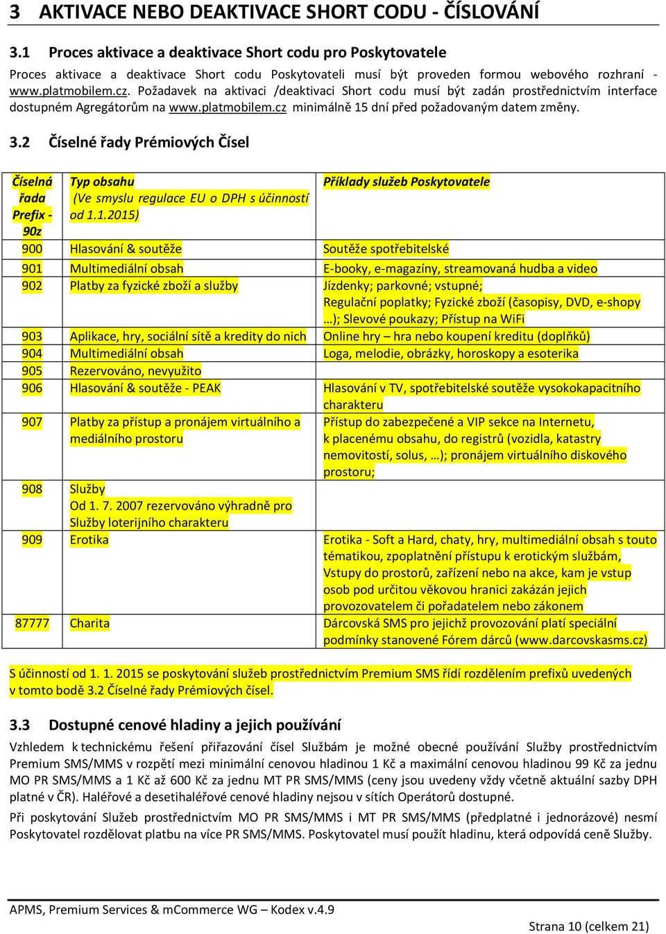 Požadavek na aktivaci /deaktivaci Short codu musí být zadán prostřednictvím interface dostupném Agregátorům na www.platmobilem.cz minimálně 15 dní před požadovaným datem změny. 3.