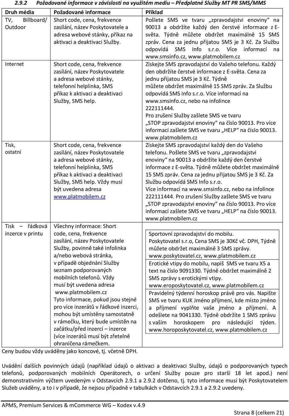 Short code, cena, frekvence zasílání, název Poskytovatele a adresa webové stánky, telefonní helplinka, SMS příkaz k aktivaci a deaktivaci Služby, SMS help.