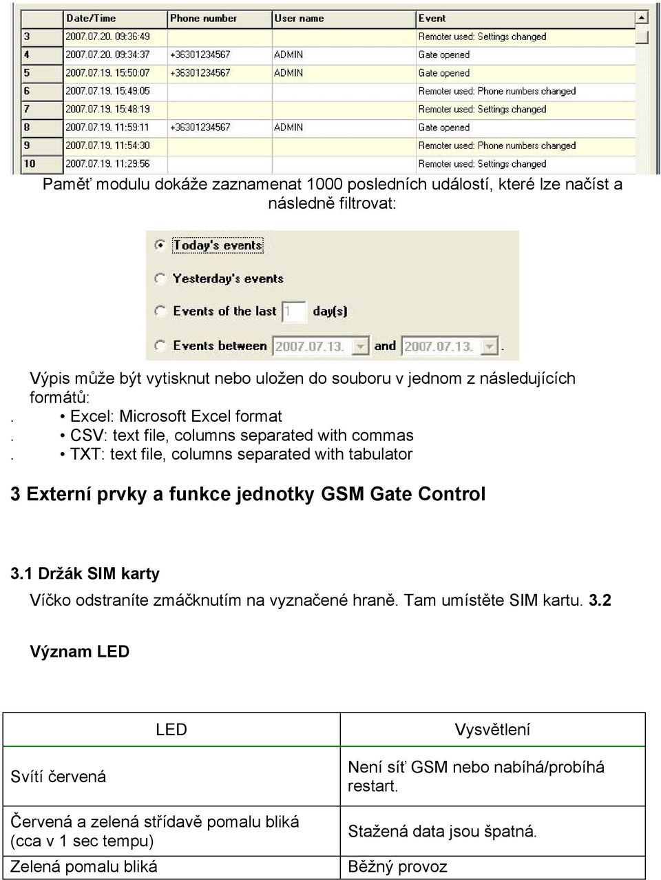 TXT: text file, columns separated with tabulator 3 Externí prvky a funkce jednotky GSM Gate Control 3.