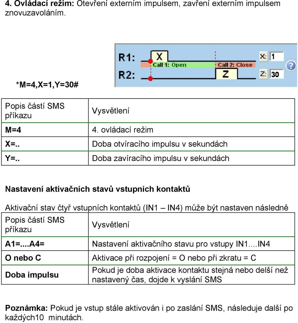 . Doba zavíracího impulsu v sekundách Nastavení aktivačních stavů vstupních kontaktů Aktivační stav čtyř vstupních kontaktů (IN1 IN4) může být nastaven následně Popis částí SMS