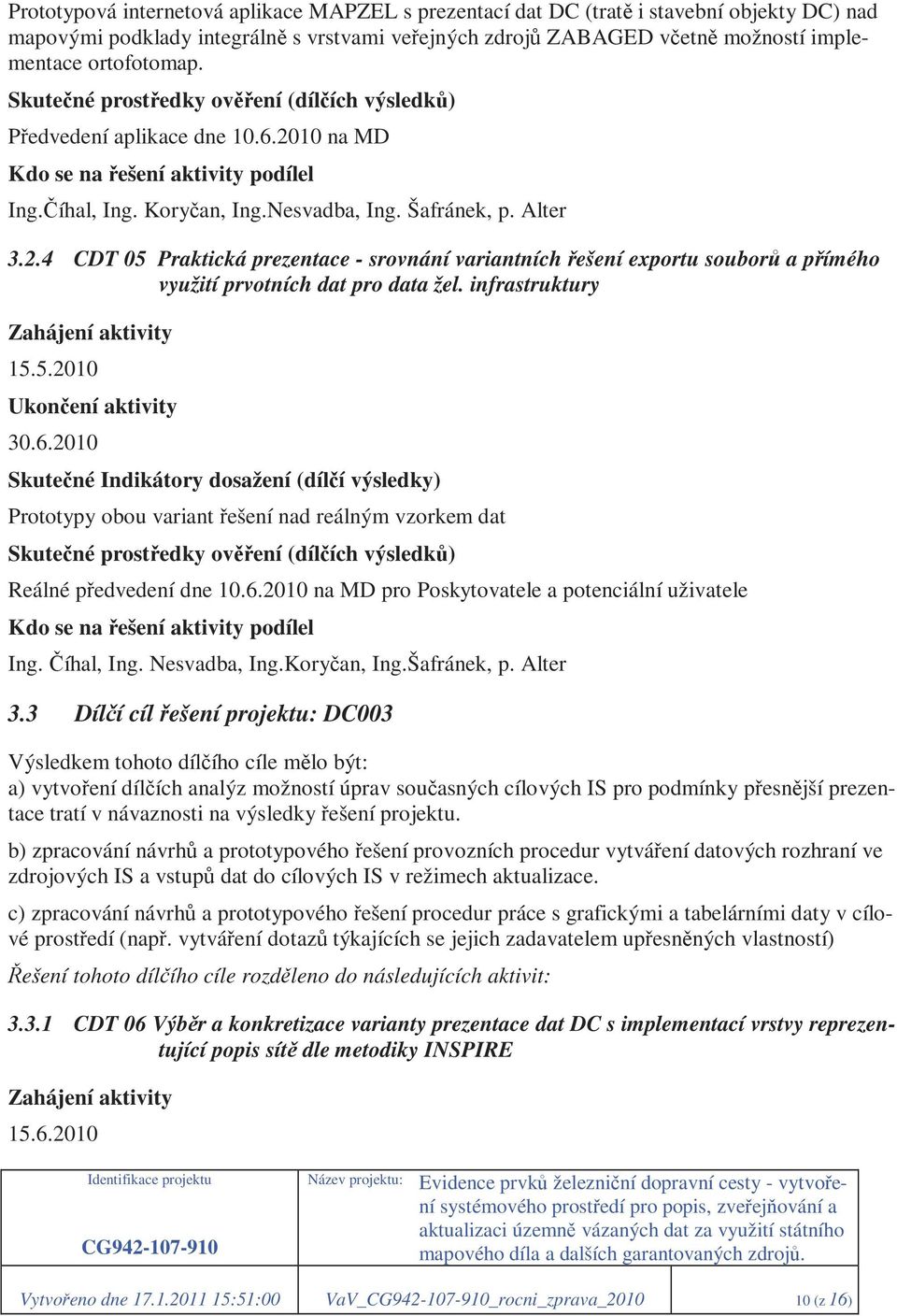 infrastruktury 15.5.2010 30.6.2010 Prototypy obou variant řešení nad reálným vzorkem dat Reálné předvedení dne 10.6.2010 na MD pro Poskytovatele a potenciální uživatele Ing. Číhal, Ing. Nesvadba, Ing.