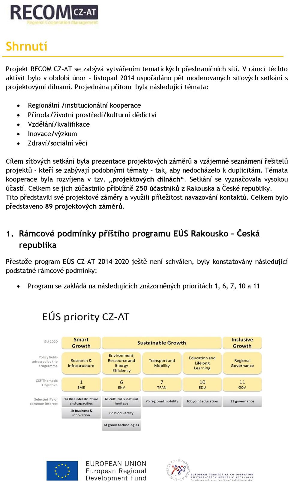 Projednána přitom byla následující témata: Regionální /institucionální kooperace Příroda/životní prostředí/kulturní dědictví Vzdělání/kvalifikace Inovace/výzkum Zdraví/sociální věci Cílem síťových