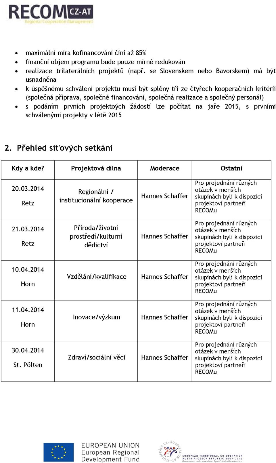 společný personál) s podáním prvních projektoých žádostí lze počítat na jaře 2015, s prvními schválenými projekty v létě 2015 2. Přehled síťových setkání Kdy a kde?