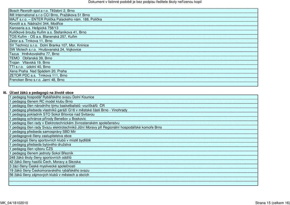 r.o. údolní 40, Brno Xena Praha Nad Spádem 20, Praha ZETOR PDC a.s. Trnkova 111, Brno Frencken Brno s.r.o. Jarní 48, Brno Dokument v listinné podobě je bez podpisu ředitele školy neřízenou kopií I6.