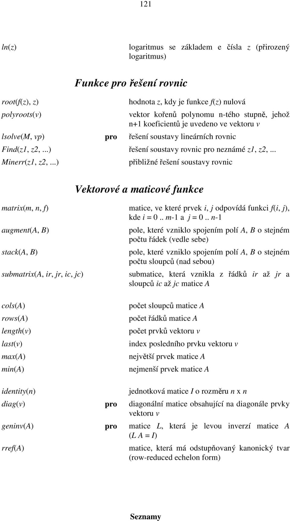 ..) přibližné řešení soustavy rovnic Vektorové a maticové funkce matrix(m, n, f) augment(a, B) stack(a, B) submatrix(a, ir, jr, ic, jc) cols(a) rows(a) length(v) last(v) max(a) min(a) matice, ve