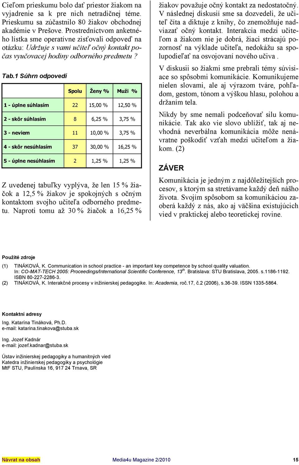 Súhrn odpovedí Spolu Ženy % Muži % - úplne súhlasím 22 5, % 2,5 % 2 - skôr súhlasím 8 6,25 % 3,75 % 3 - neviem, % 3,75 % 4 - skôr nesúhlasím 37 3, % 6,25 % 5 - úplne nesúhlasím 2,25 %,25 % Z uvedenej