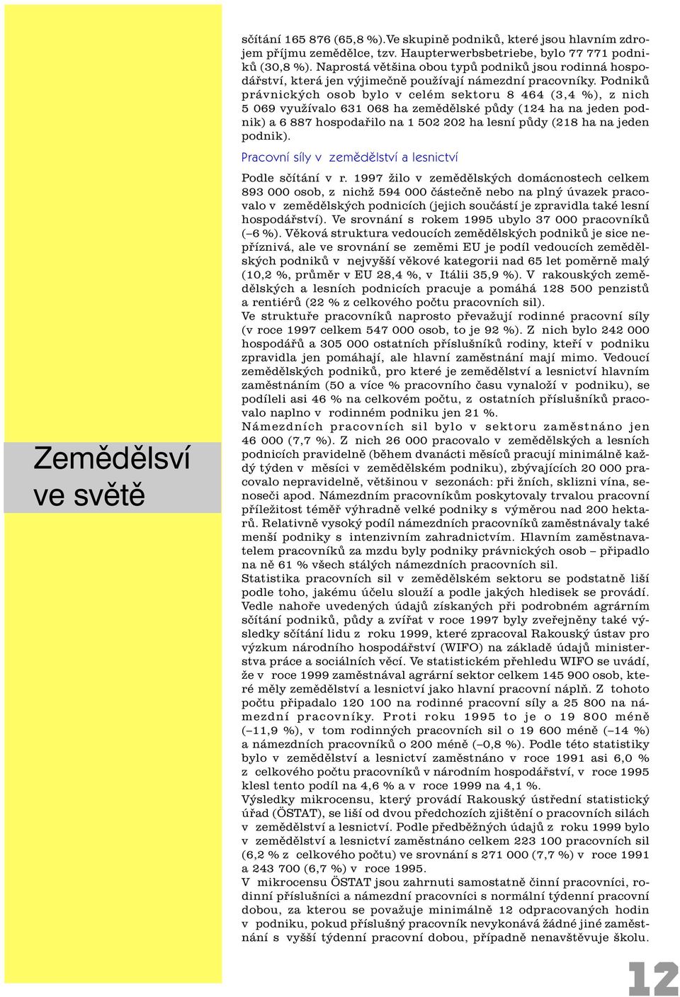 Podnikù právnických osob bylo v celém sektoru 8 464 (3,4 %), z nich 5 069 využívalo 631 068 ha zemìdìlské pùdy (124 ha na jeden podnik) a 6 887 hospodaøilo na 1 502 202 ha lesní pùdy (218 ha na jeden