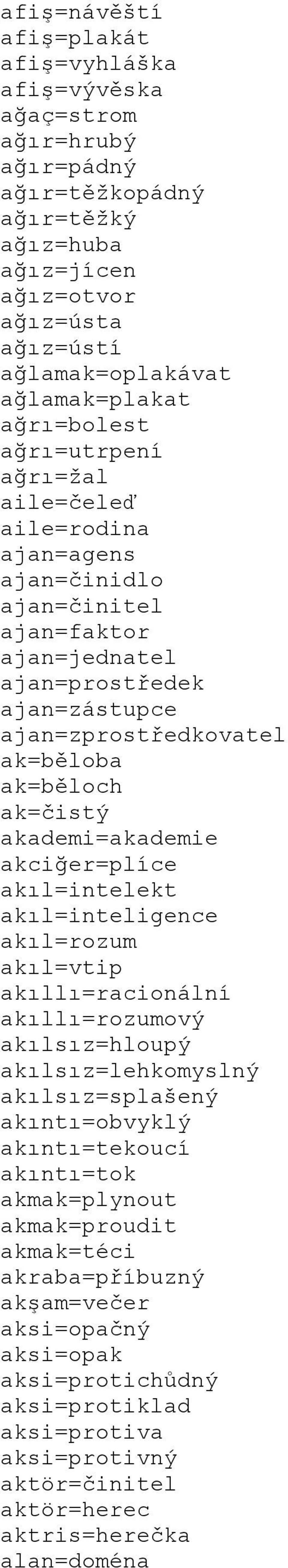ak=čistý akademi=akademie akciğer=plíce akıl=intelekt akıl=inteligence akıl=rozum akıl=vtip akıllı=racionální akıllı=rozumový akılsız=hloupý akılsız=lehkomyslný akılsız=splašený akıntı=obvyklý
