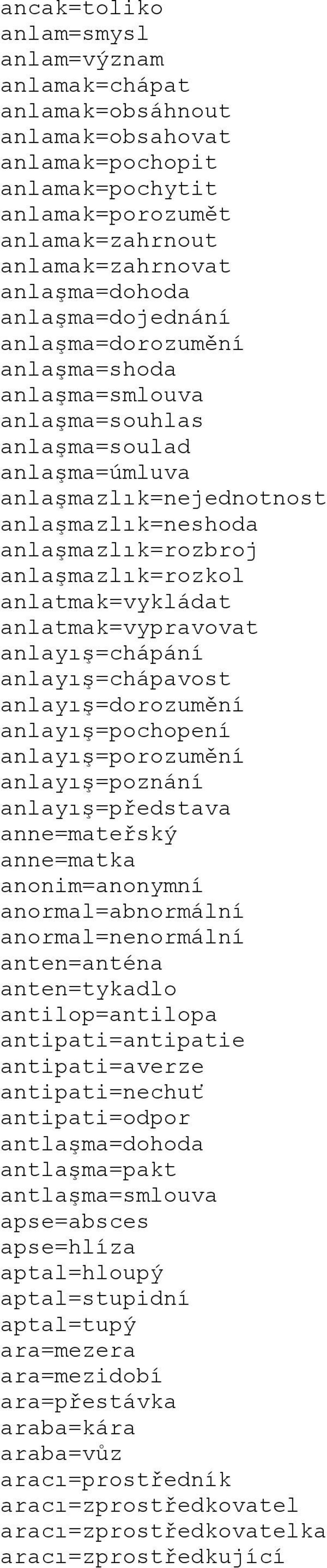 anlatmak=vykládat anlatmak=vypravovat anlayış=chápání anlayış=chápavost anlayış=dorozumění anlayış=pochopení anlayış=porozumění anlayış=poznání anlayış=představa anne=mateřský anne=matka