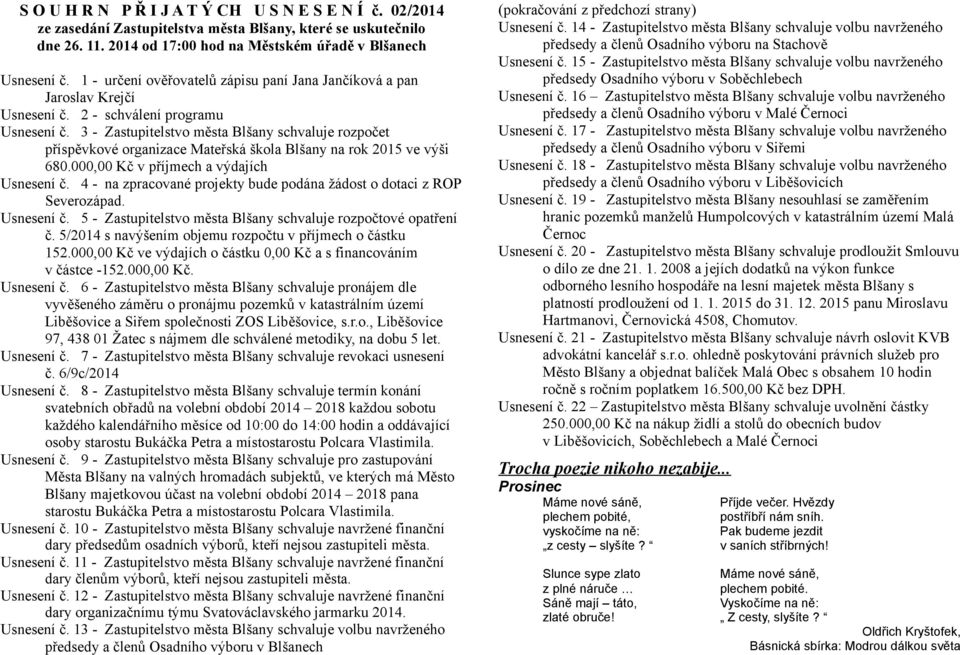 3 - Zastupitelstvo města Blšany schvaluje rozpočet příspěvkové organizace Mateřská škola Blšany na rok 2015 ve výši 680.000,00 Kč v příjmech a výdajích Usnesení č.