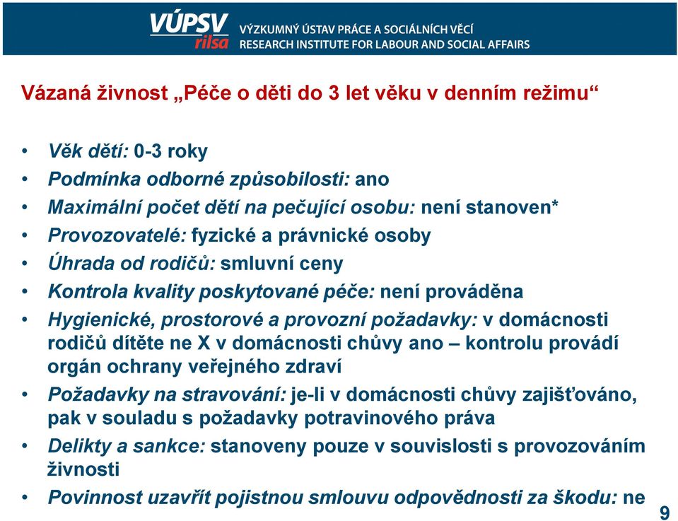 domácnosti rodičů dítěte ne X v domácnosti chůvy ano kontrolu provádí orgán ochrany veřejného zdraví Požadavky na stravování: je-li v domácnosti chůvy zajišťováno, pak v