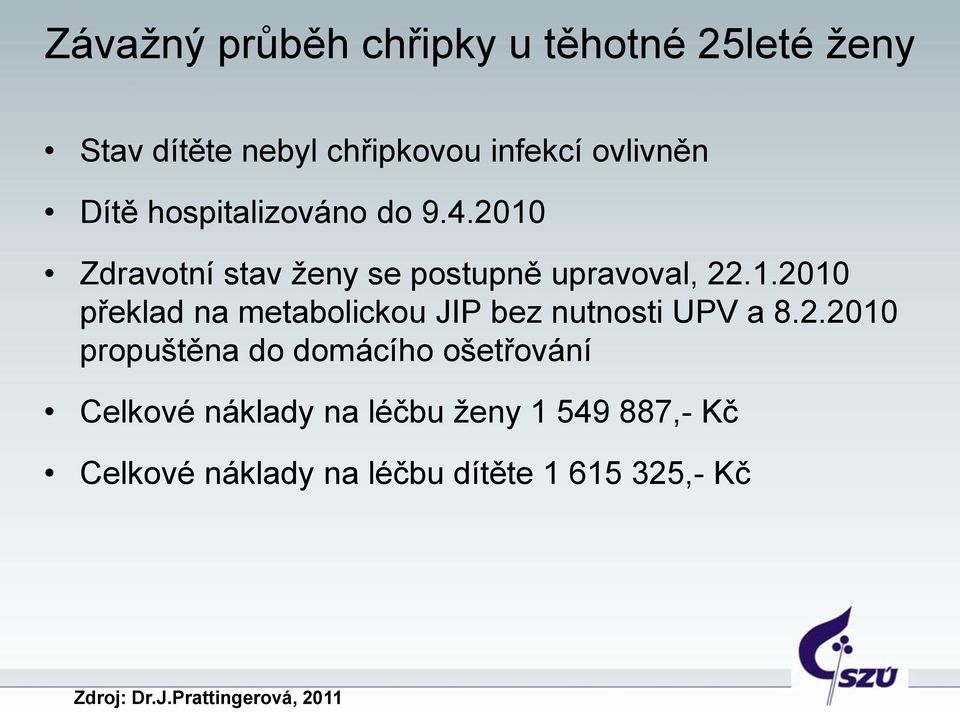 2.2010 propuštěna do domácího ošetřování Celkové náklady na léčbu ženy 1 549 887,- Kč Celkové