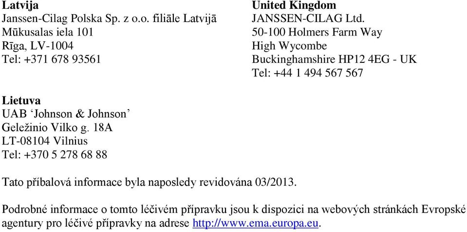 g. 18A LT-08104 Vilnius Tel: +370 5 278 68 88 Tato příbalová informace byla naposledy revidována 03/2013.