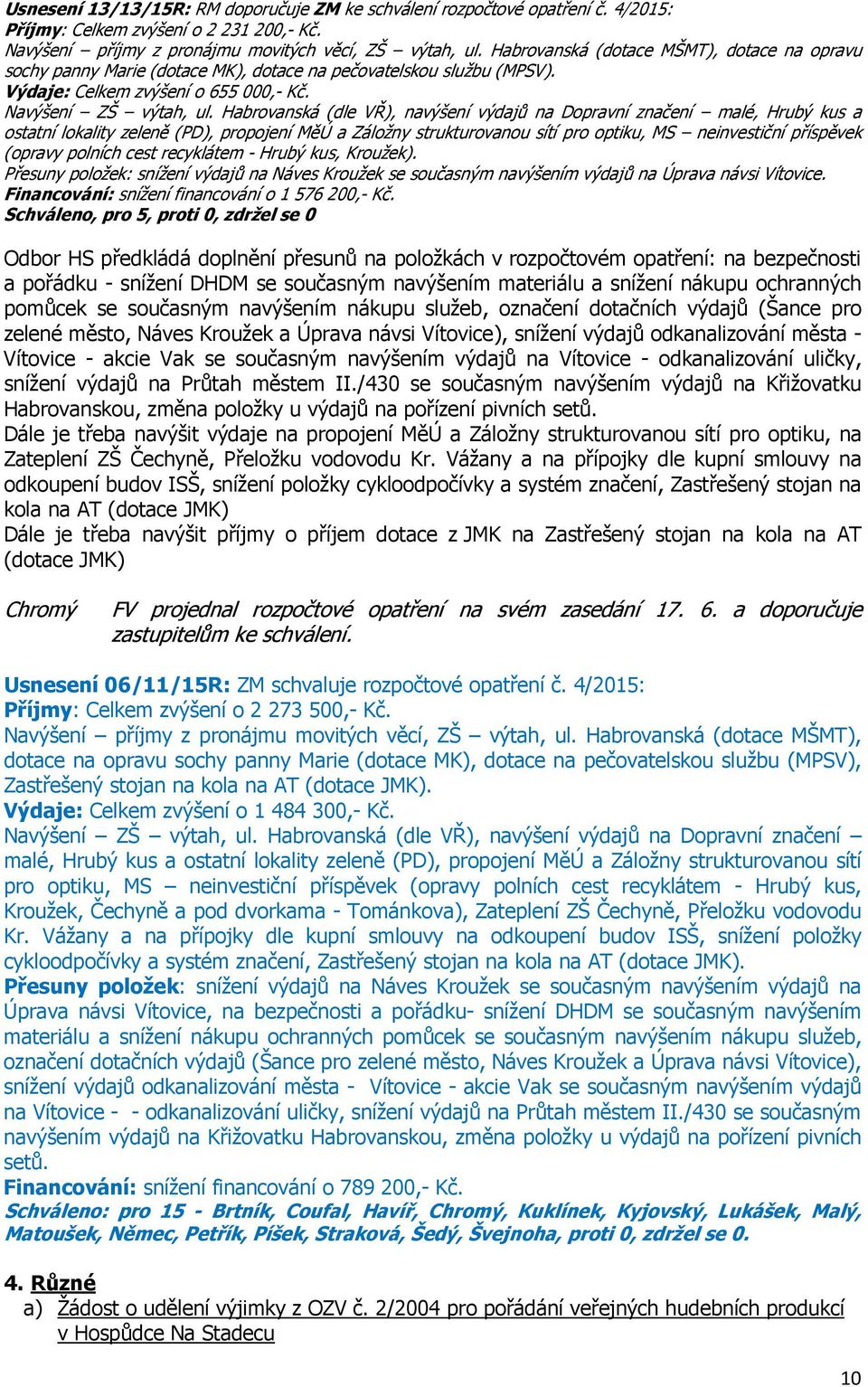 Habrovanská (dle VŘ), navýšení výdajů na Dopravní značení malé, Hrubý kus a ostatní lokality zeleně (PD), propojení MěÚ a Záložny strukturovanou sítí pro optiku, MS neinvestiční příspěvek (opravy