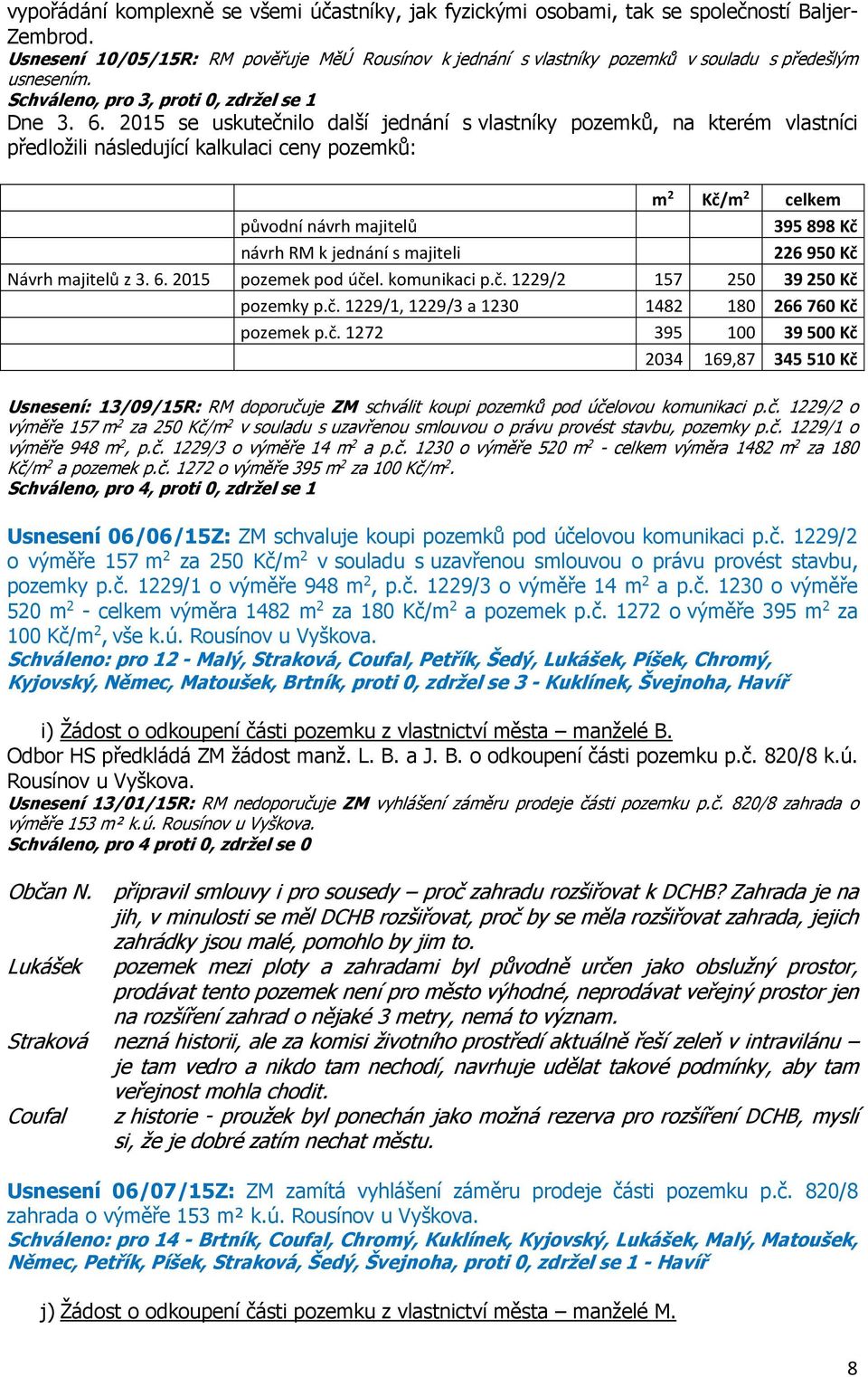 2015 se uskutečnilo další jednání s vlastníky pozemků, na kterém vlastníci předložili následující kalkulaci ceny pozemků: m 2 Kč/m 2 celkem původní návrh majitelů 395898 Kč návrh RM k jednání s