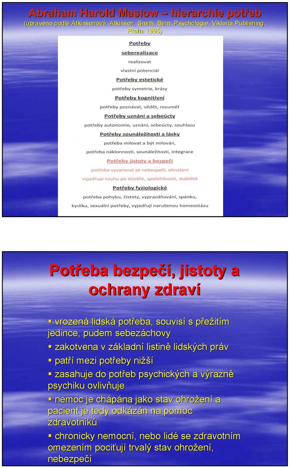 listině lidských práv patří mezi potřeby nižší zasahuje do potřeb psychických a výrazně psychiku ovlivňuje nemoc je chápána jako stav ohrožen