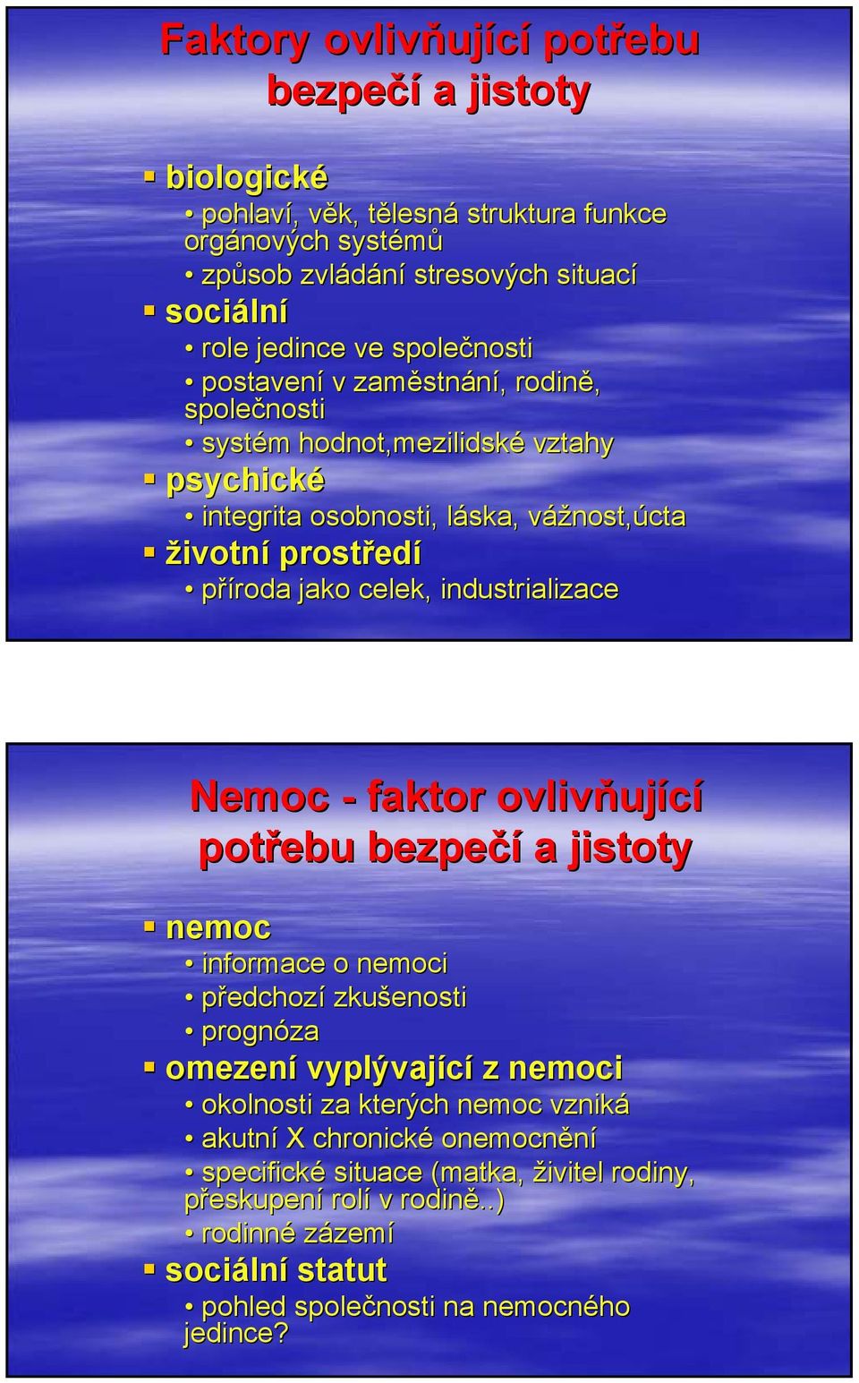 jako celek, industrializace Nemoc - faktor ovlivňuj ující potřebu bezpečí a jistoty nemoc informace o nemoci předchozí zkušenosti prognóza omezení vyplývající z nemoci okolnosti za